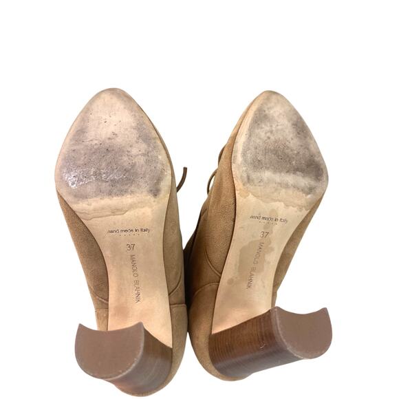 Manolo Blahnik Ostrava Camel Suede Shearling Ankle Boots Size IT 37 / US 7 - Picture 13 of 15